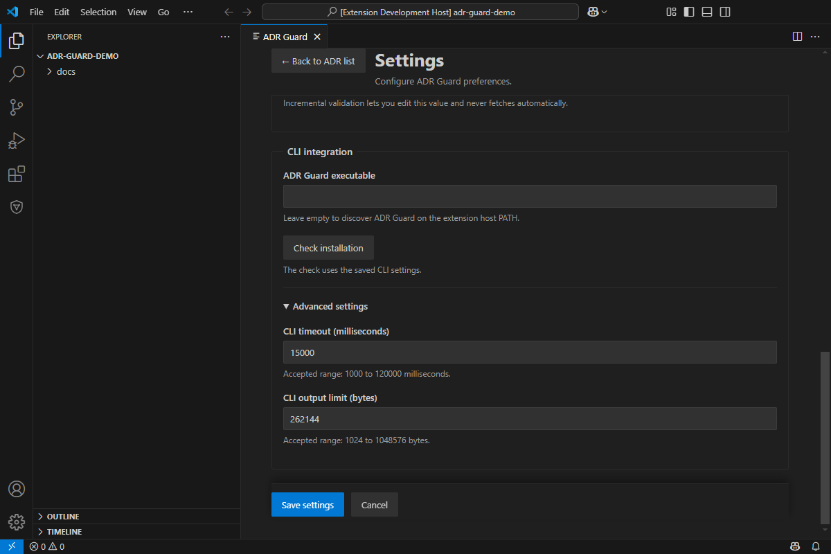 CLI integration settings with installation check, timeout, and output limit.