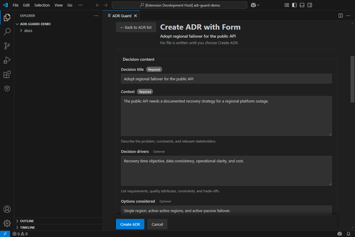 Extended ADR creation form showing required context and optional decision-driver fields.