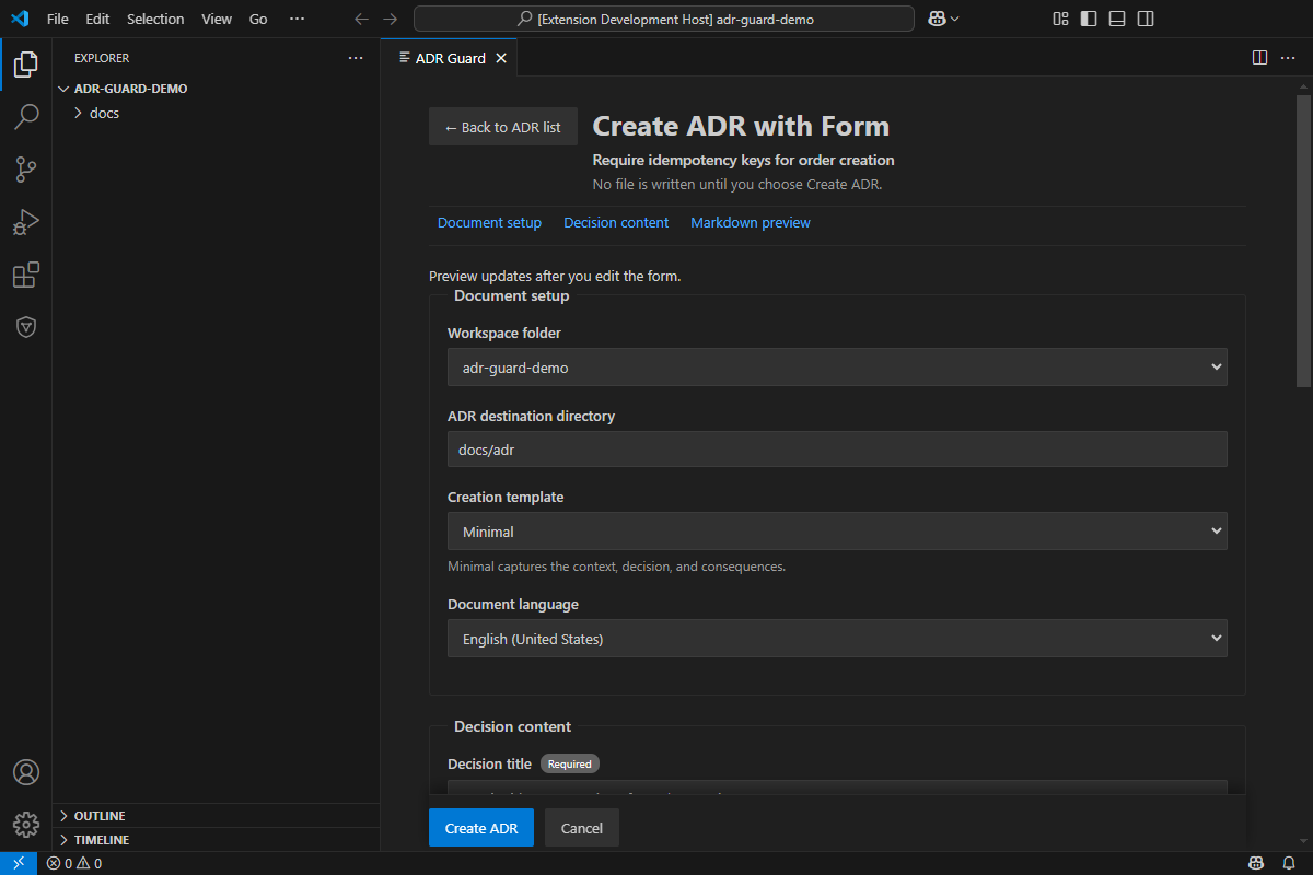 Minimal ADR creation form with workspace, destination, template, language, and decision fields.