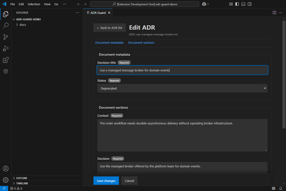 Visual ADR edit form with title, status, context, decision, and save actions.
