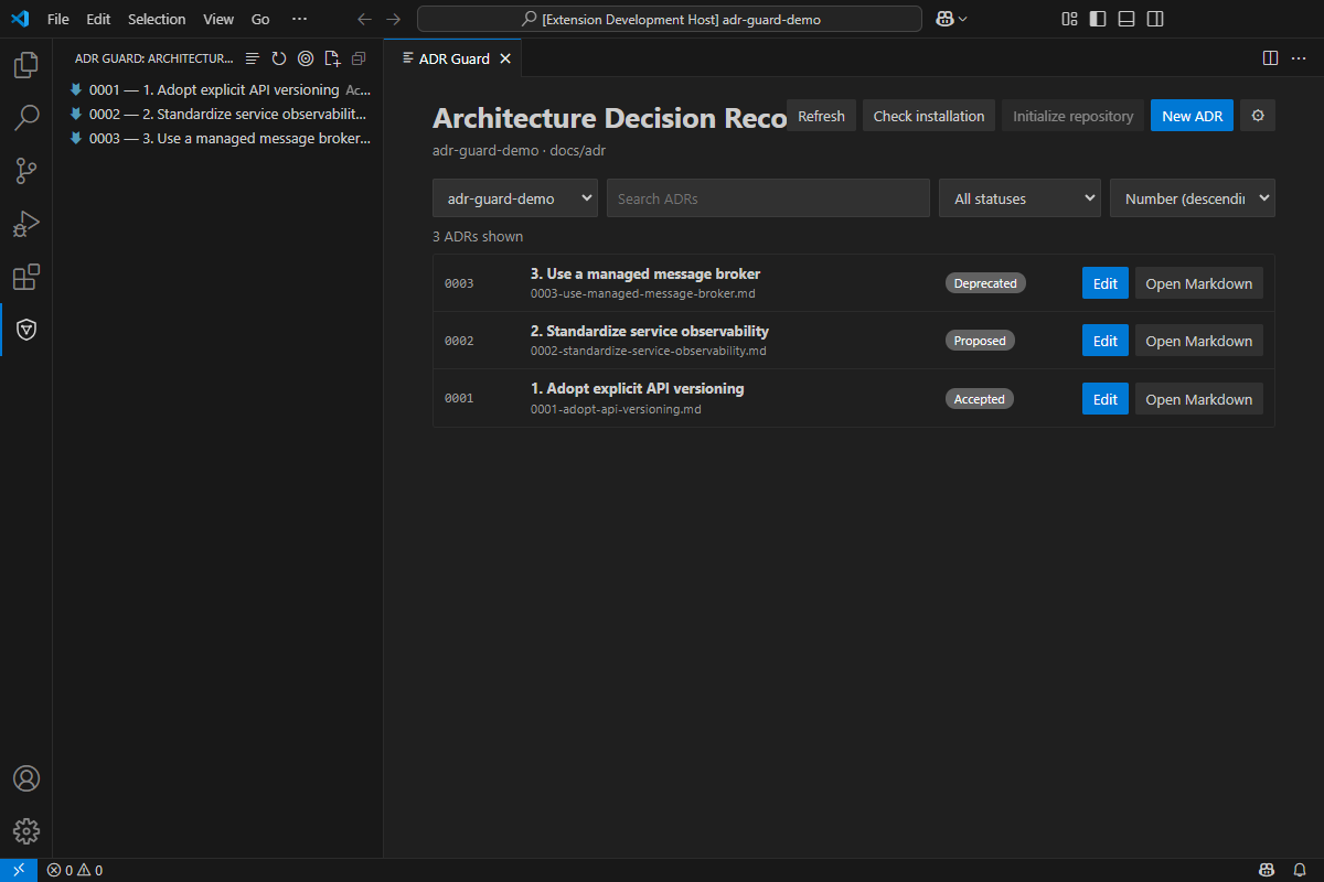 ADR Explorer in the Activity Bar with three ADRs and the visual list open beside it.