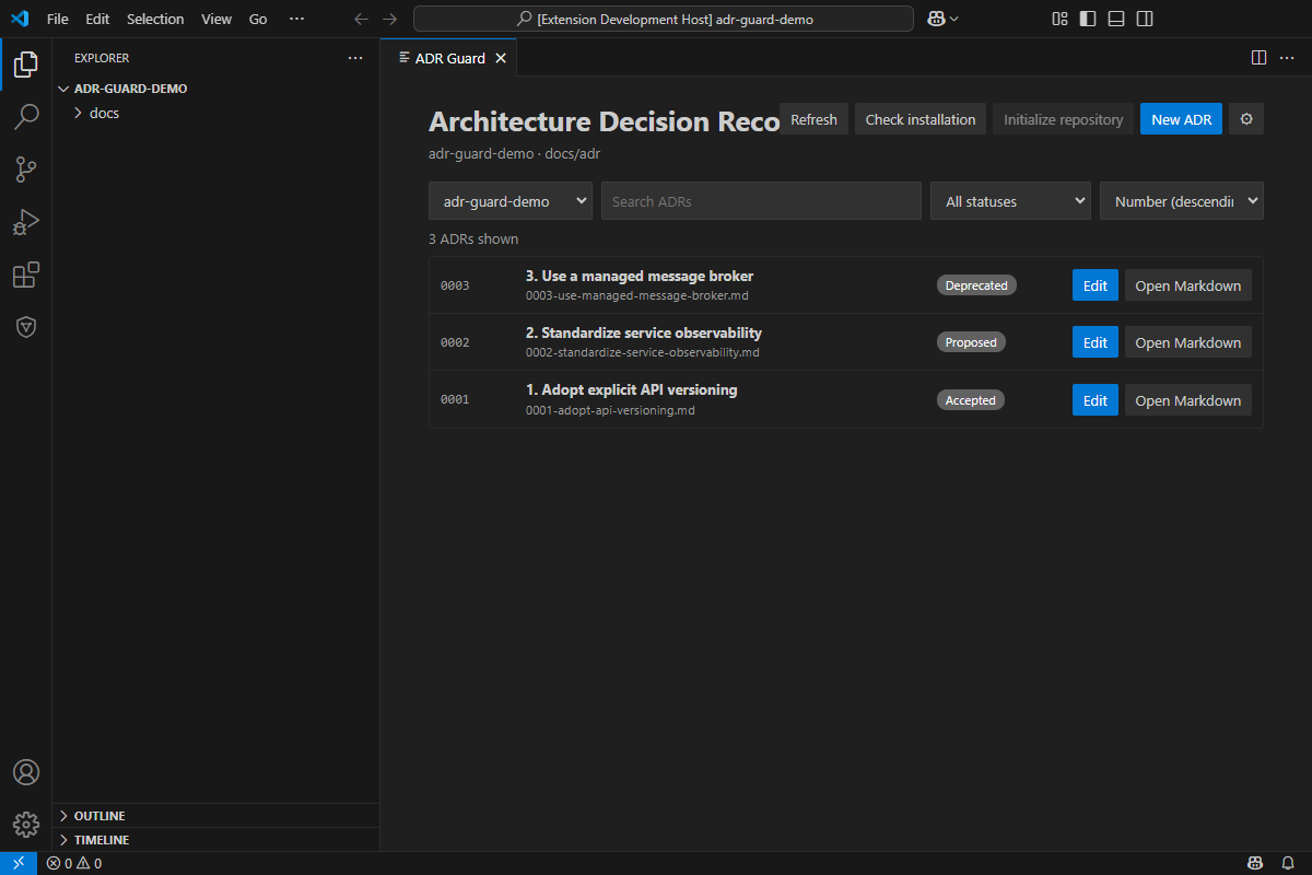 ADR Guard visual list with three example ADRs and actions for editing or opening Markdown.