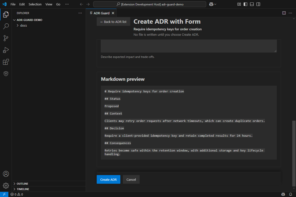 Read-only Markdown preview for a Minimal ADR before creation.