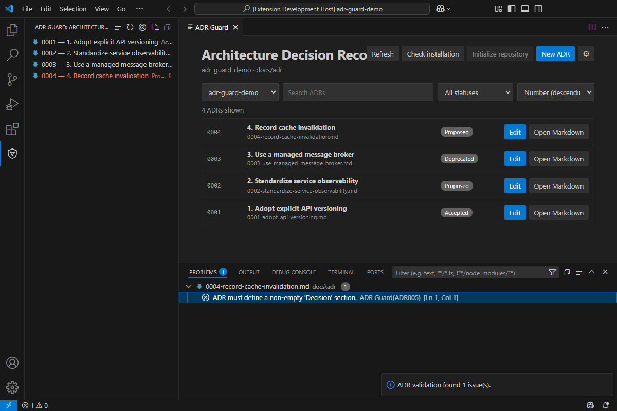 VS Code Problems panel showing a real ADR005 diagnostic for a missing Decision section.