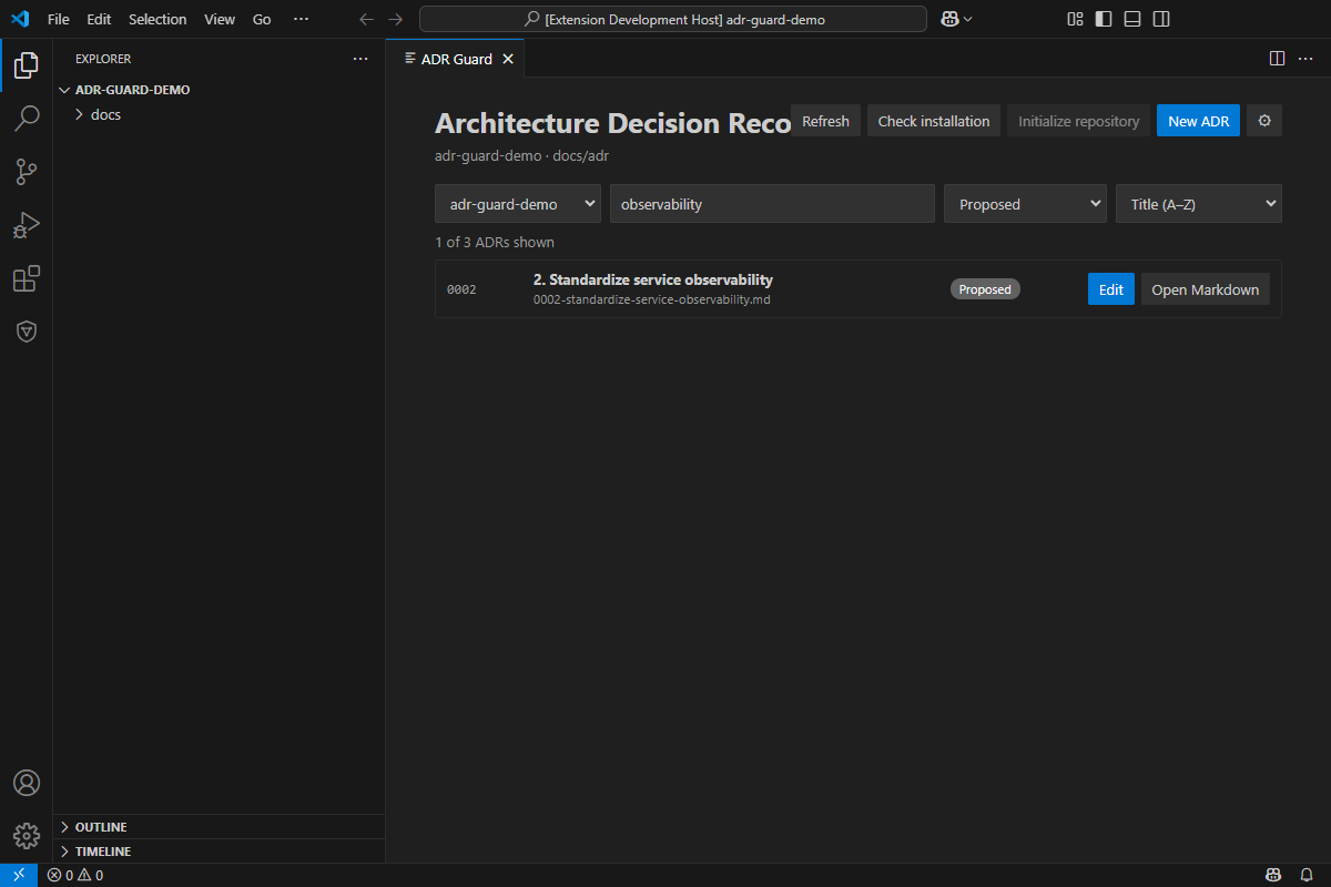 The ADR list filtered by the word observability and Proposed status, ordered by title.
