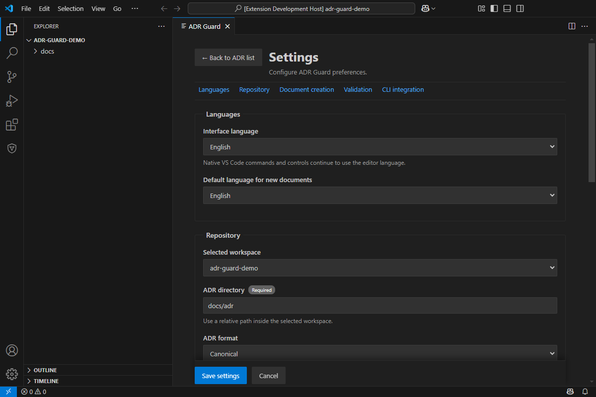 ADR Guard settings showing language, workspace, ADR directory, and format controls.