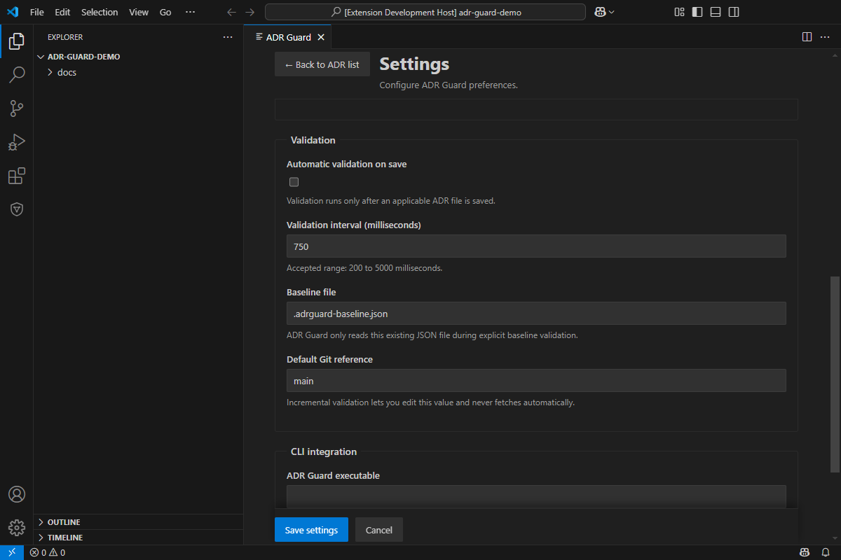 Validation settings for save validation, debounce, baseline, and local Git reference.